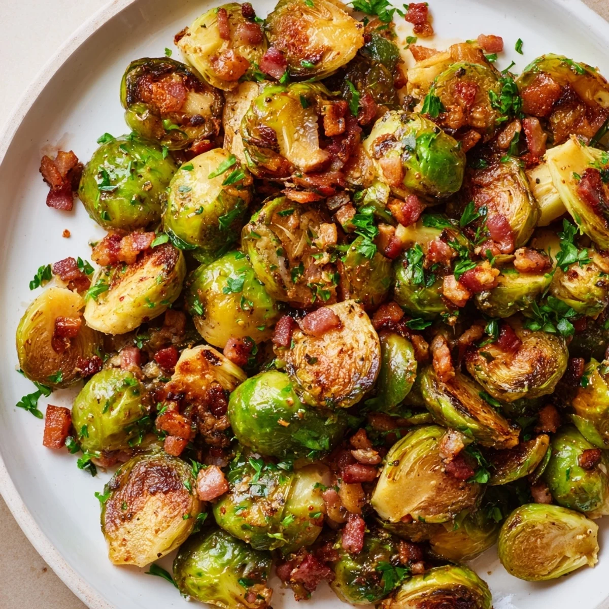 Golden roasted Brussels sprouts with crispy beef bacon, garnished with fresh parsley, served hot as a savory side dish.