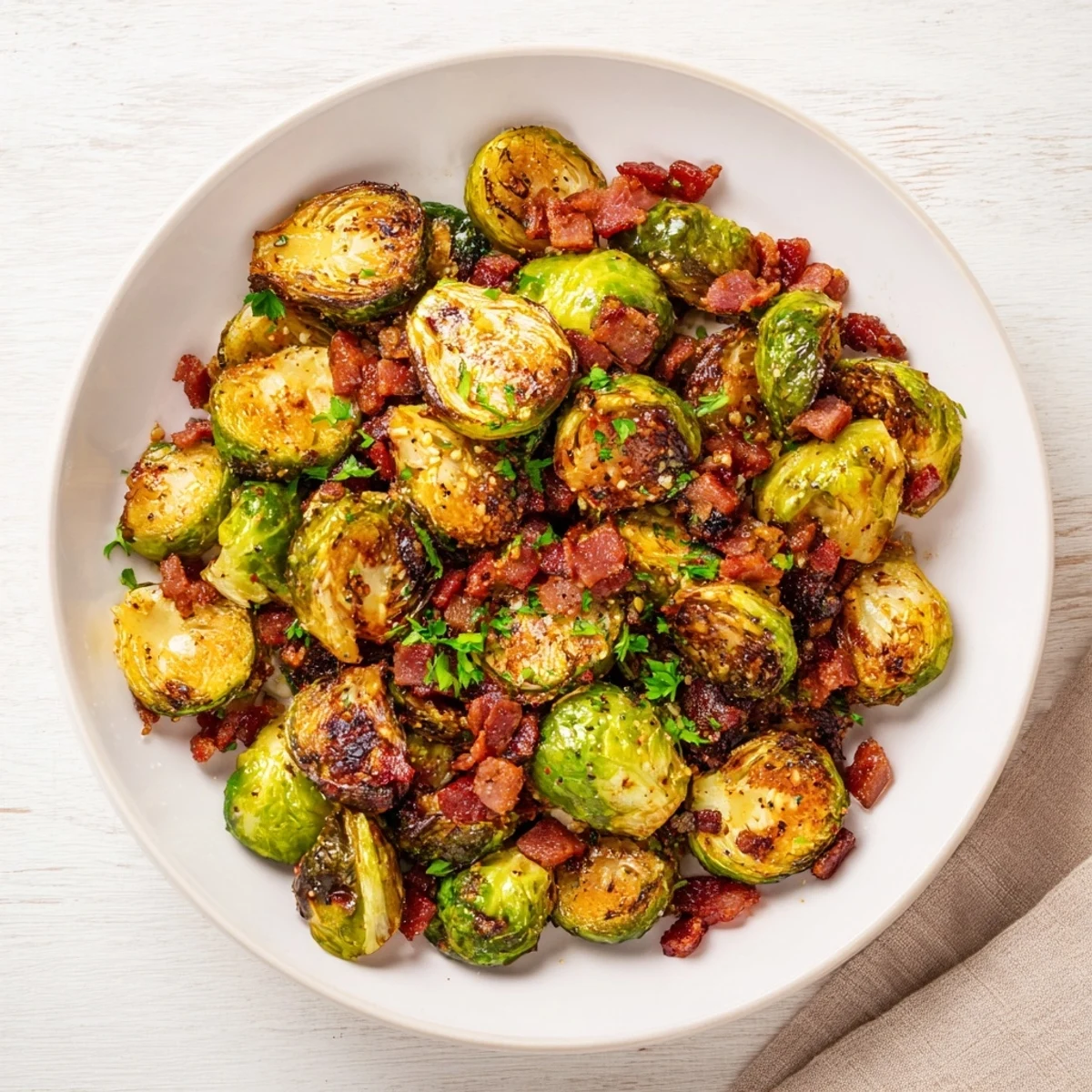 Perfectly roasted Brussels sprouts paired with savory beef bacon, ideal for a gluten-free and dairy-free side or appetizer.