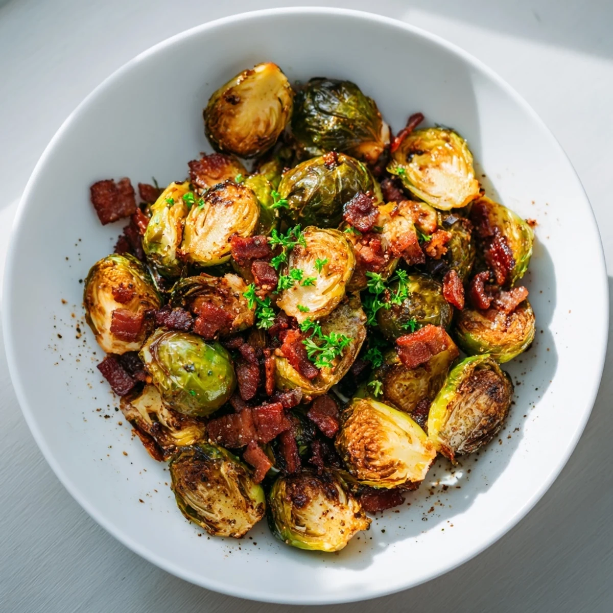 A close-up of crispy Brussels sprouts and beef bacon, garnished with parsley, showcasing an easy American side dish.