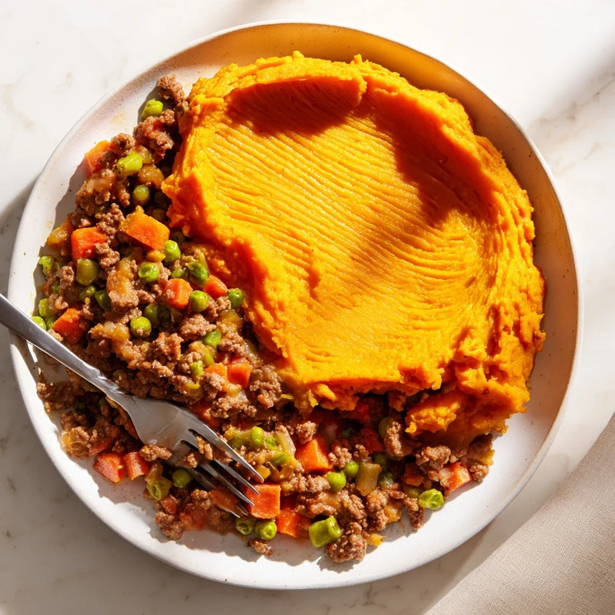 Freshly baked Beef Shepherds Pie with Sweet Potato Topping reveals a savory beef filling and creamy, fluffy sweet potato mash.