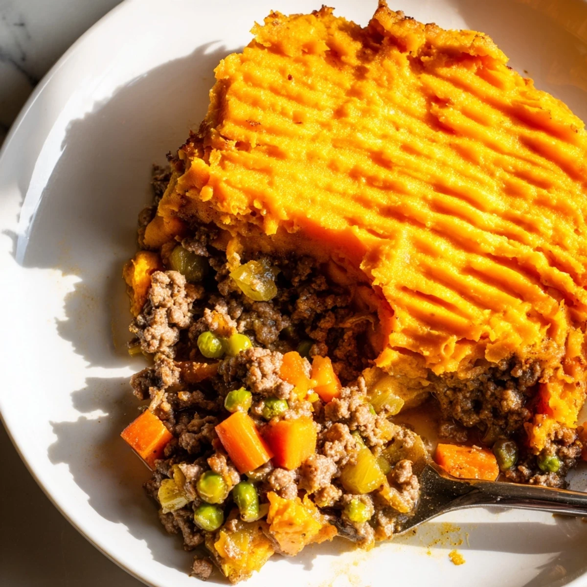 Close-up of Beef Shepherds Pie with Sweet Potato Topping, highlighting golden ridges and hearty vegetables in a comforting casserole.