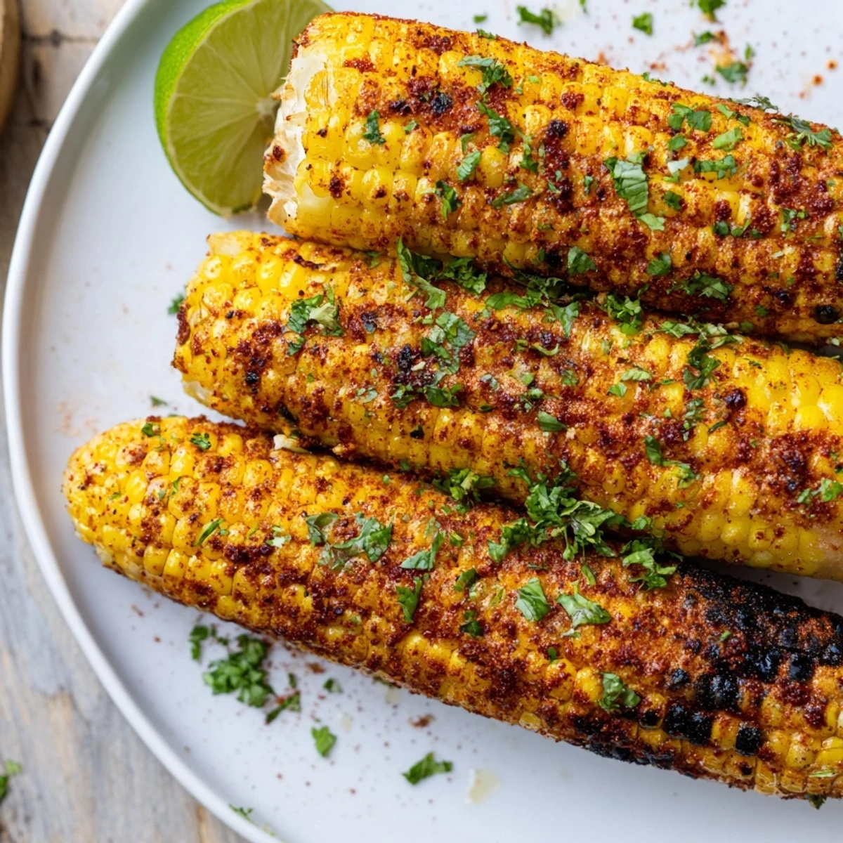 Juicy Cajun Spiced Roasted Corn on the Cob features charred kernels and a vibrant parsley garnish on a rustic platter.