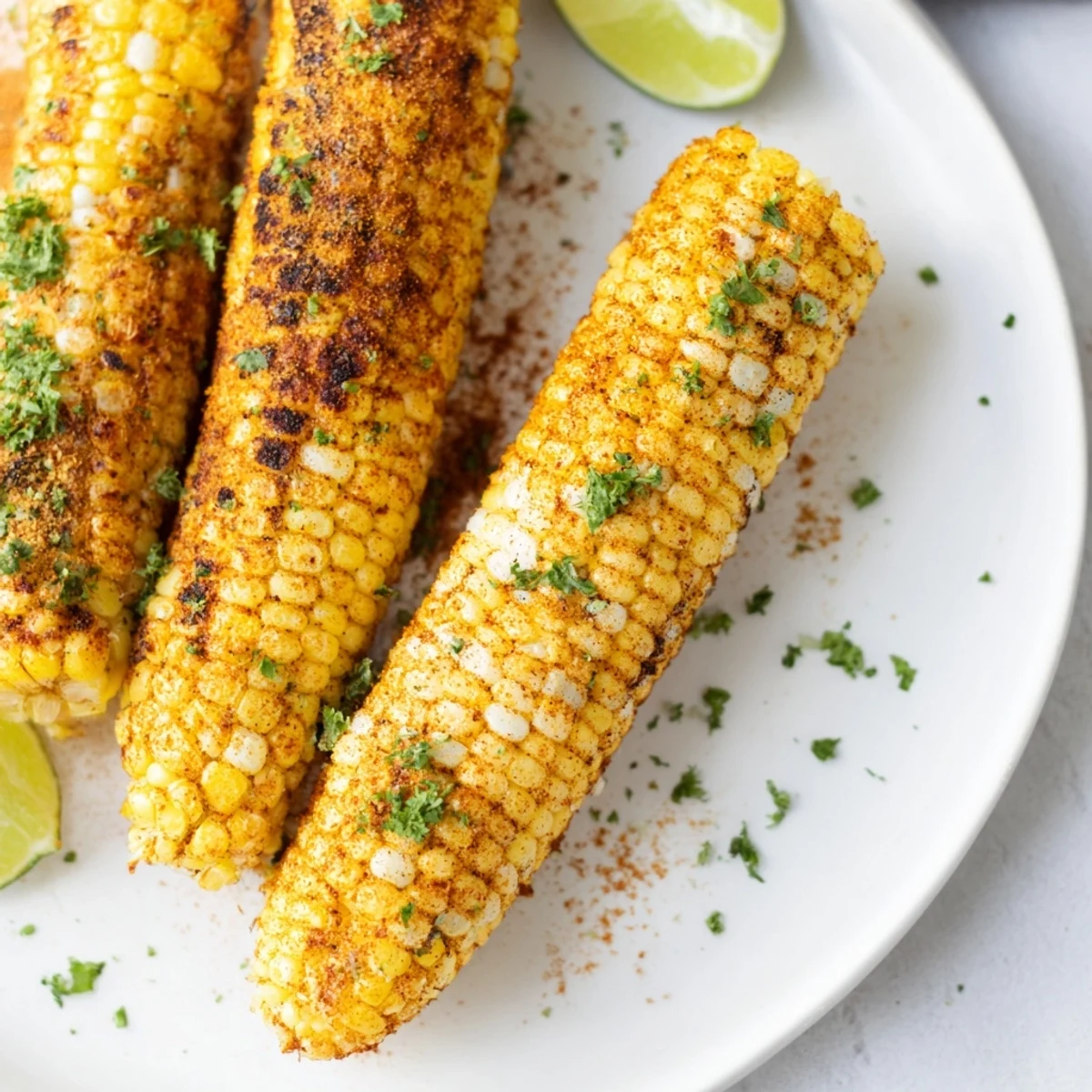 Roasted Cajun Spiced Corn on the Cob glistens with olive oil and smoky spices, served with fresh lime wedges.