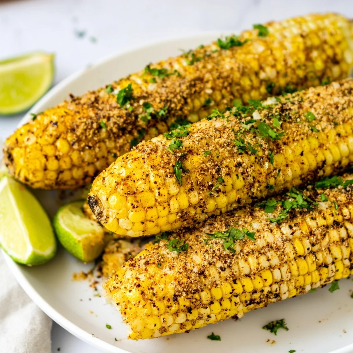 Four ears of Cajun Spiced Roasted Corn on the Cob, lightly charred, ready to enjoy as a zesty Southern side.