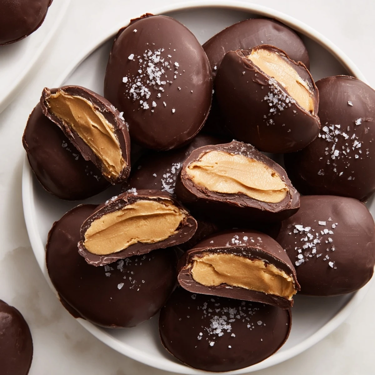A close-up of homemade Chocolate Peanut Butter Eggs with a smooth, glossy chocolate coating and creamy filling, ready for Easter.