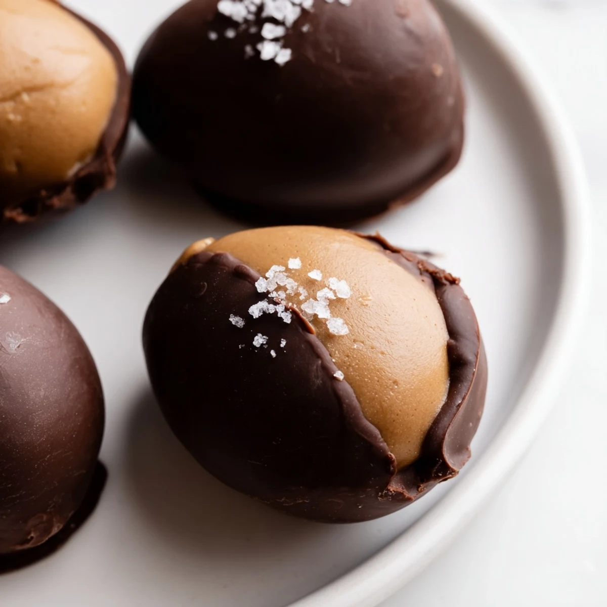 Three Chocolate Peanut Butter Eggs on a white plate with a glass of milk, a classic American dessert for Easter celebrations.