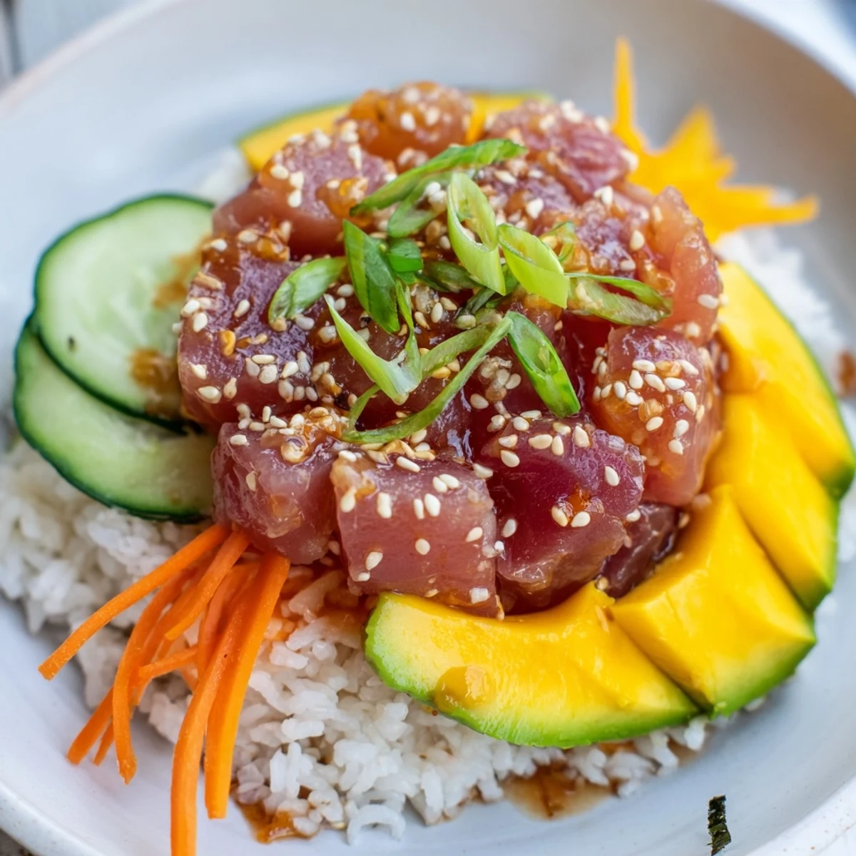 Fresh diced spicy tuna and ripe mango slices sit atop seasoned sushi rice in a Spicy Tuna Poke Bowl with Mango.
