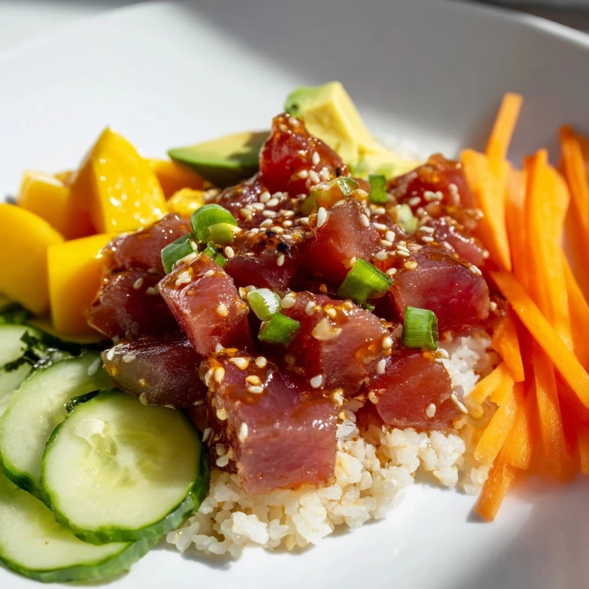 A close-up of a colorful Spicy Tuna Poke Bowl with Mango garnished with creamy avocado and crunchy cucumber.