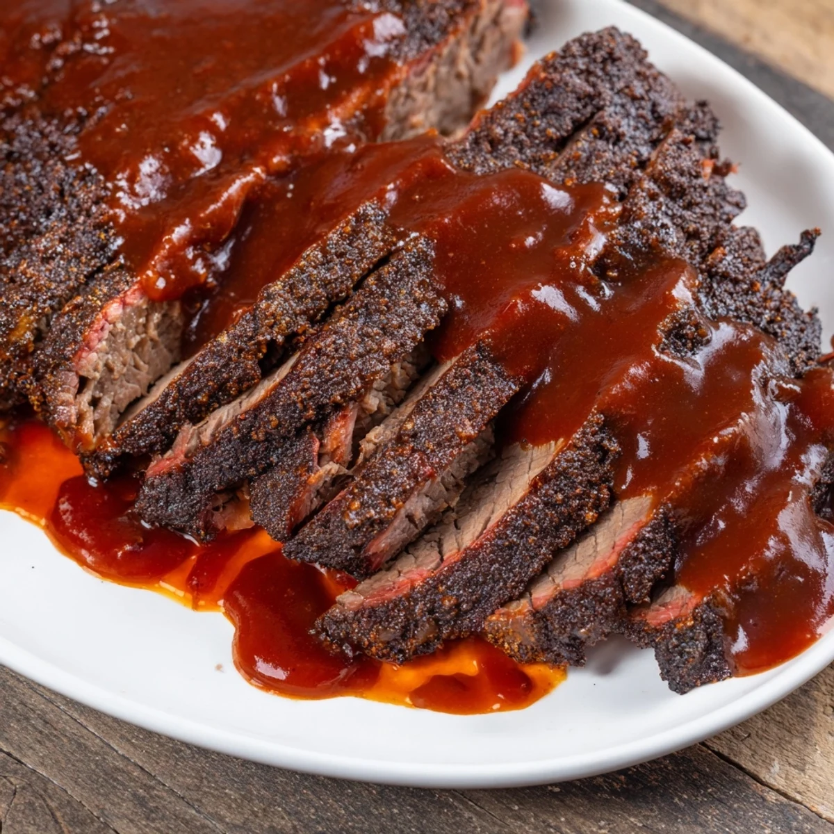 Tender Slow Cooked Beef Brisket with BBQ Sauce served with coleslaw and pickles on a rustic board.