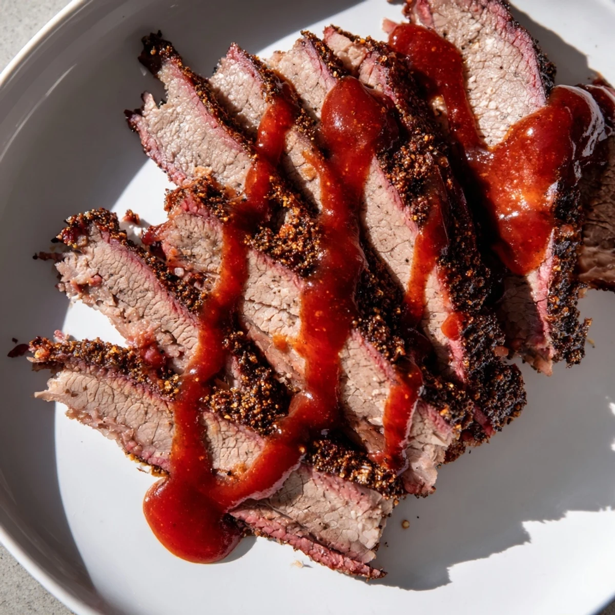 Slow Cooked Beef Brisket with BBQ Sauce, juicy slices drizzled with tangy sauce, ready to serve.