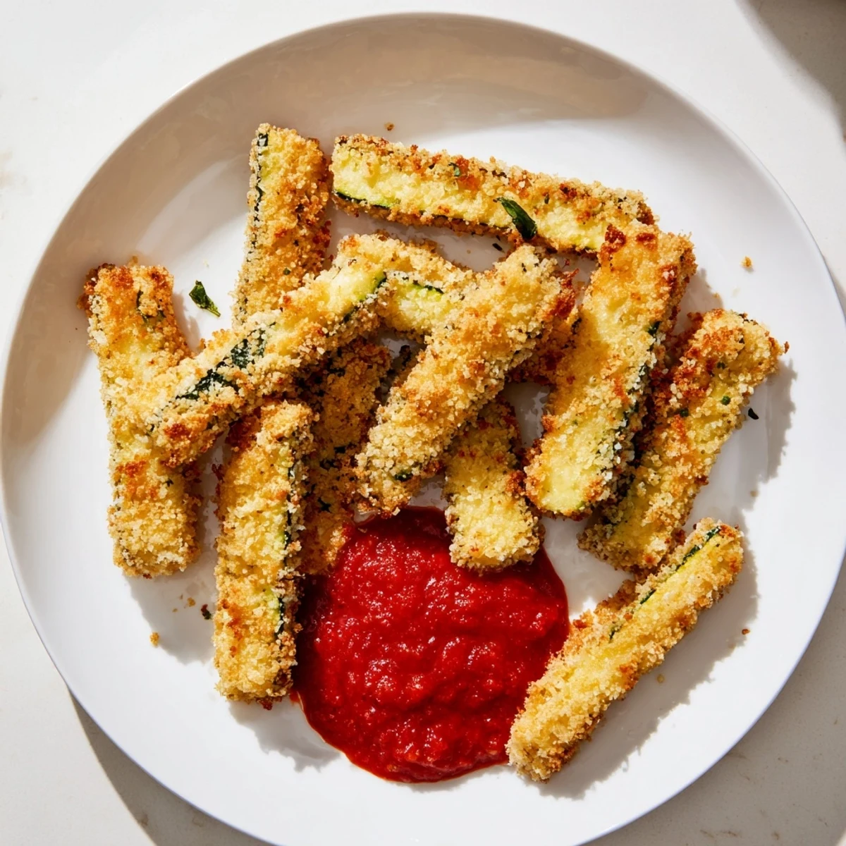 Crispy baked zucchini fries with marinara sauce on a rustic plate garnished with fresh basil leaves.  