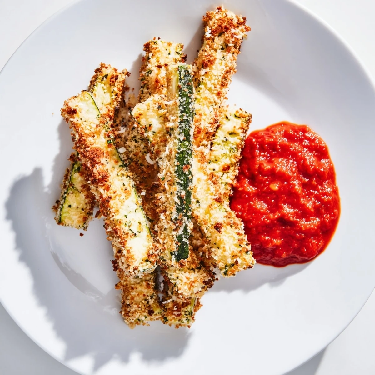 Golden baked zucchini fries alongside a small ramekin of tangy marinara sauce for dipping.  