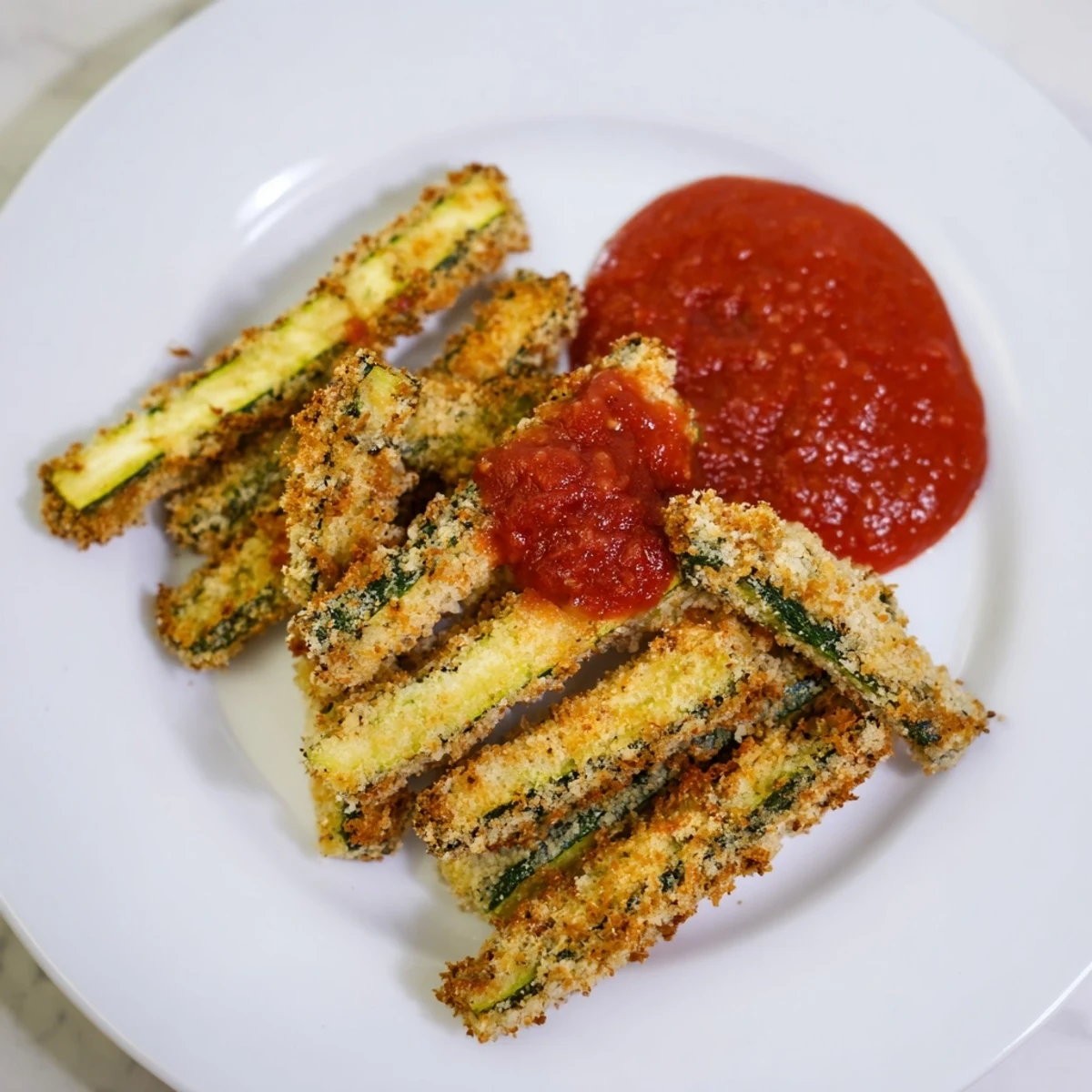 A pile of crunchy zucchini fries served with homemade marinara sauce and lemon wedges.
