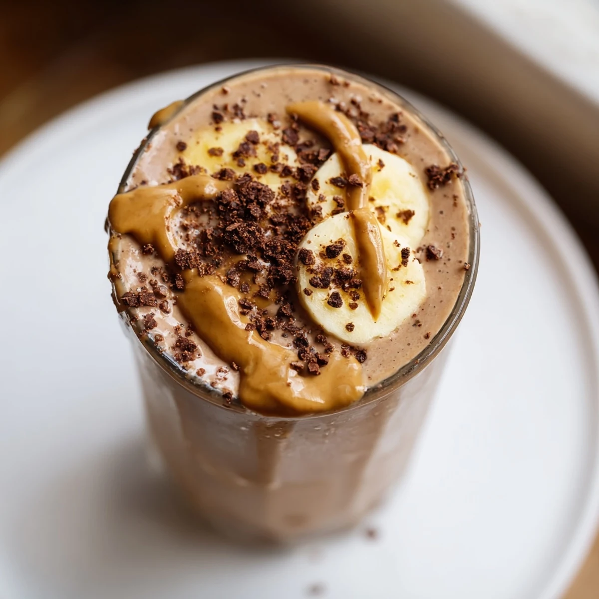 Two tall glasses of rich Chocolate Peanut Butter Smoothie with Banana are filled to the brim, topped with a chocolate drizzle and crushed peanuts.