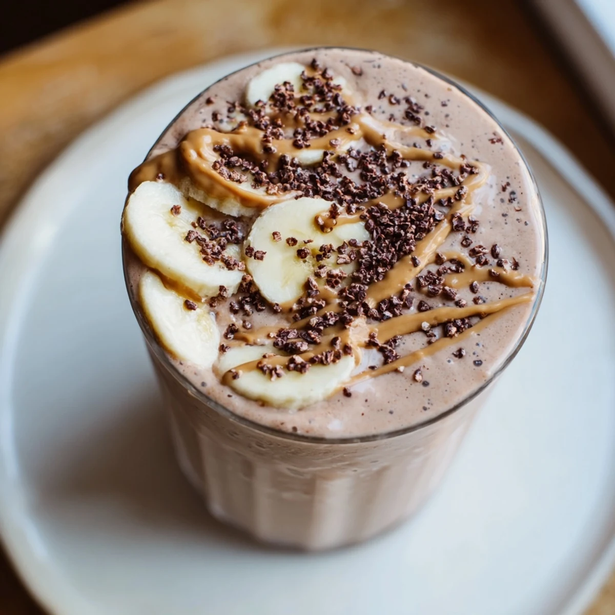 A creamy Chocolate Peanut Butter Smoothie with Banana is blended in a clear glass, garnished with cocoa powder and a reusable straw.