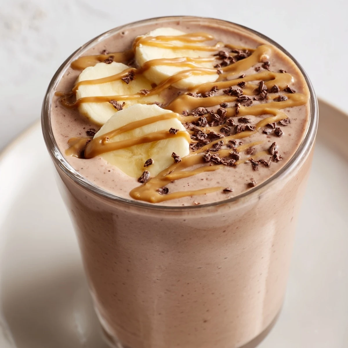 A frosty glass of Chocolate Peanut Butter Smoothie with Banana sits beside a sliced banana on a wooden table.