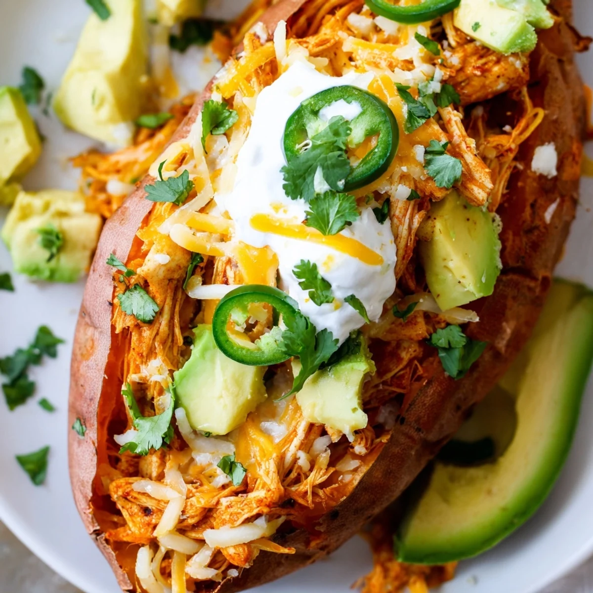 Four roasted sweet potatoes split open, generously stuffed with seasoned chicken fajita filling, topped with melted cheddar, creamy avocado slices, and fresh cilantro.