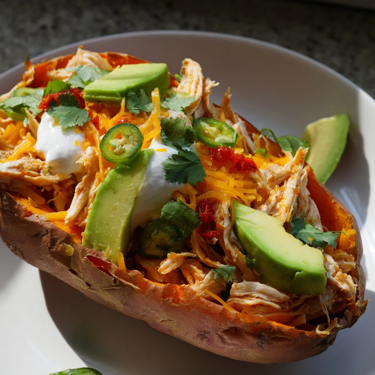 A close-up view of Chicken Fajita Stuffed Sweet Potatoes served hot with sour cream and sliced jalapeños on a rustic wooden dinner table.