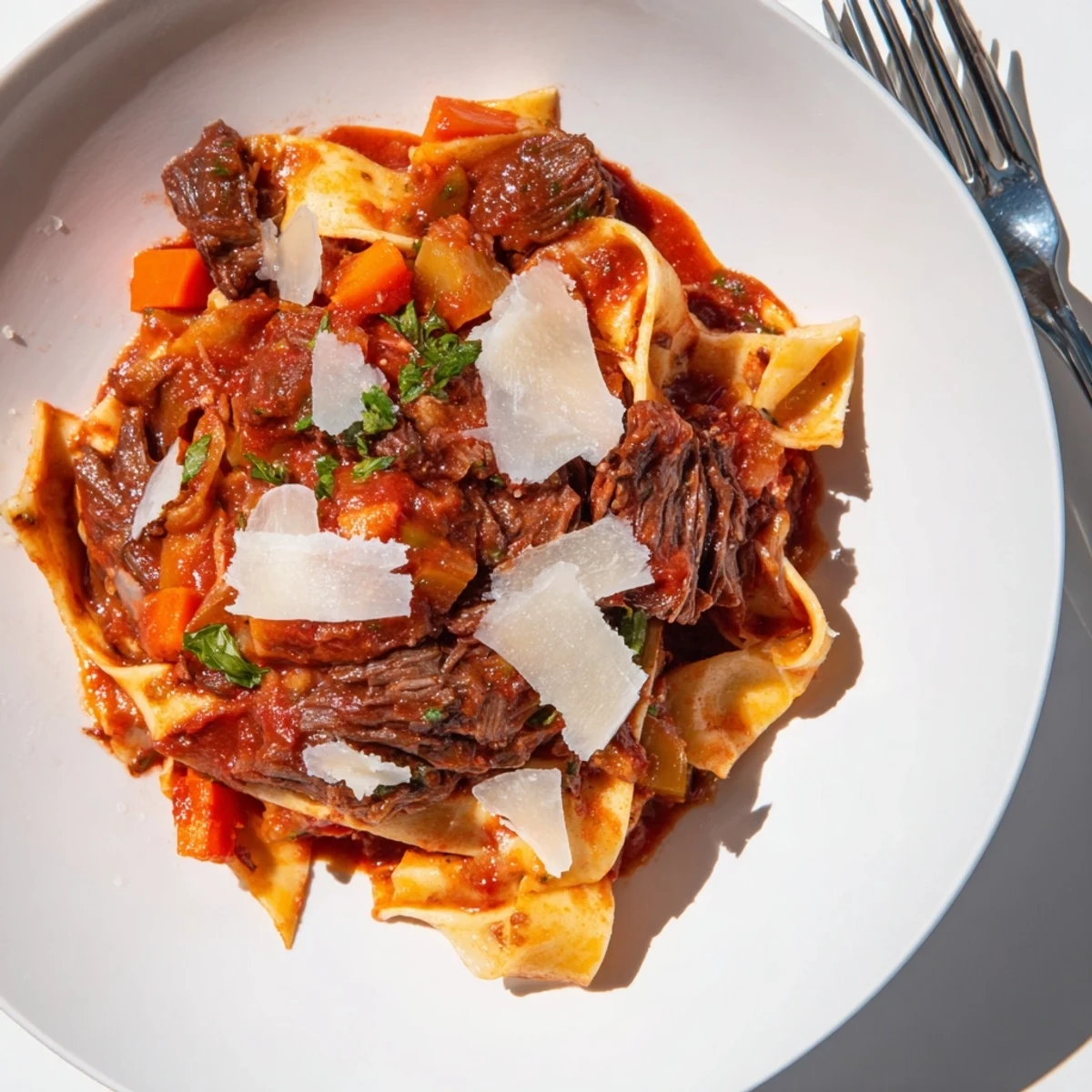 Steaming Slow Cooker Beef Ragu with Pappardelle featuring tender shredded beef and rich tomato sauce.