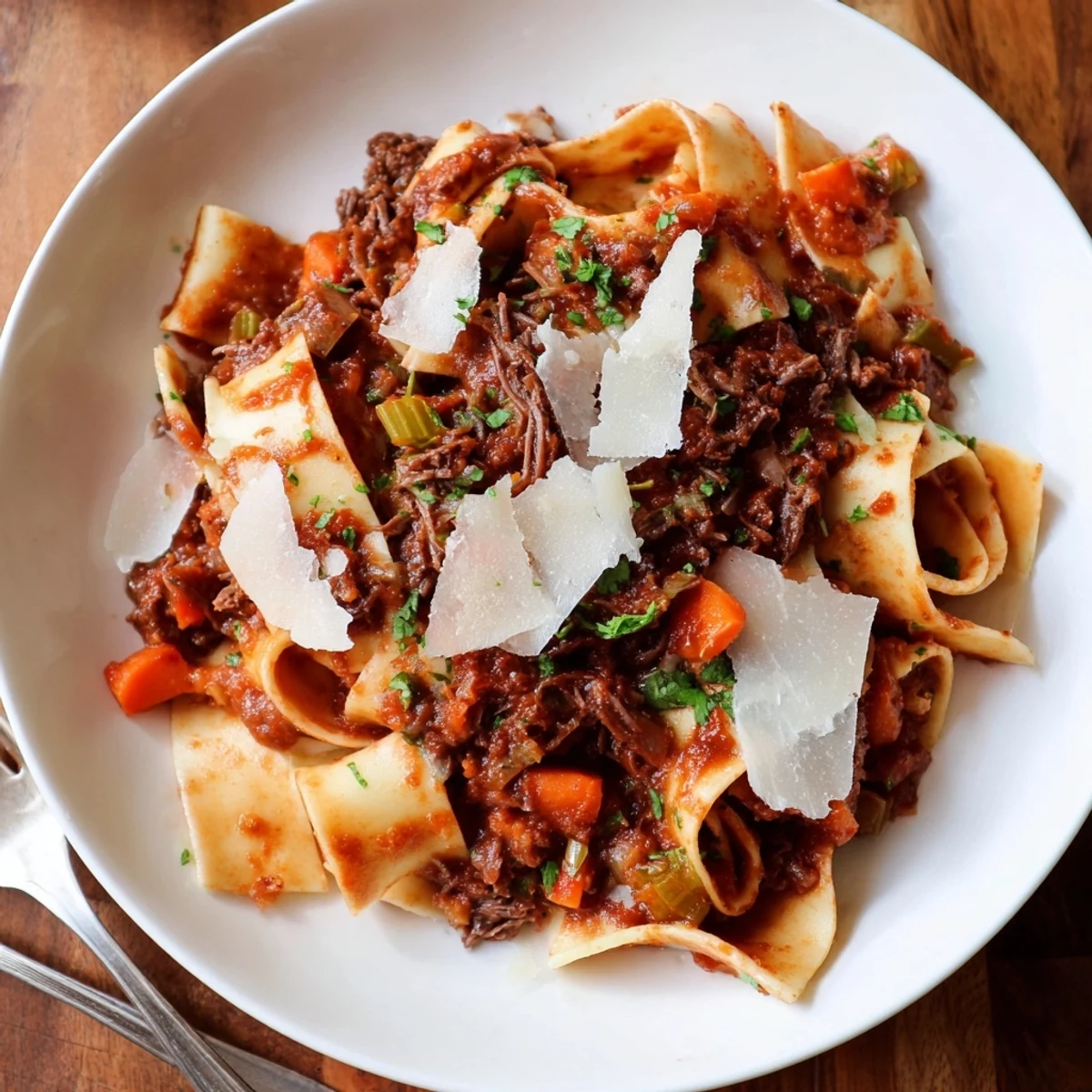 Silky pappardelle noodles twirled on a fork, topped with Slow Cooker Beef Ragu and grated Parmesan.