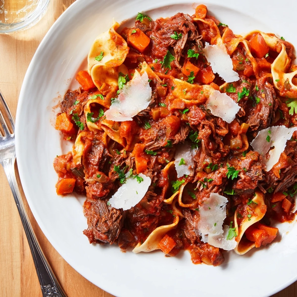 Serving suggestion of Slow Cooker Beef Ragu with Pappardelle, fresh parsley garnish, and rustic Italian bread.