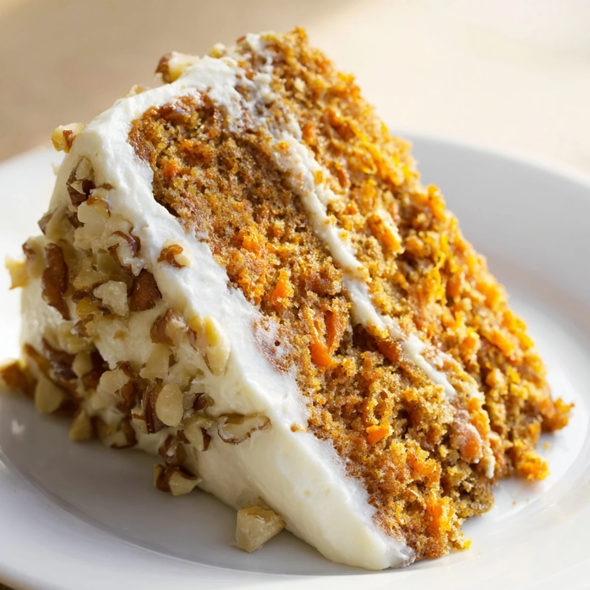 Moist slices of Easter Carrot Cake with Walnuts on a plate with cream cheese frosting and a fork ready to serve.