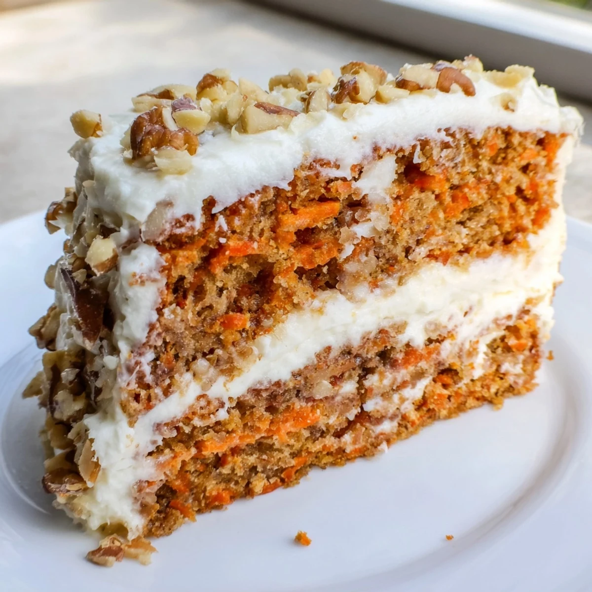 Close-up of spiced Easter Carrot Cake with Walnuts and rich frosting, perfect for an Easter celebration dessert table.