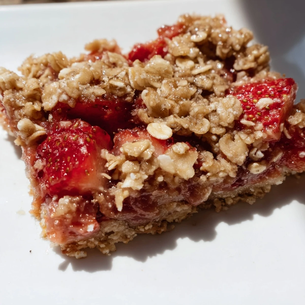 Golden-baked Strawberry Rhubarb Crumble Bars with a bubbling, sweet-tart fruit filling and crispy oat topping, ready to serve.