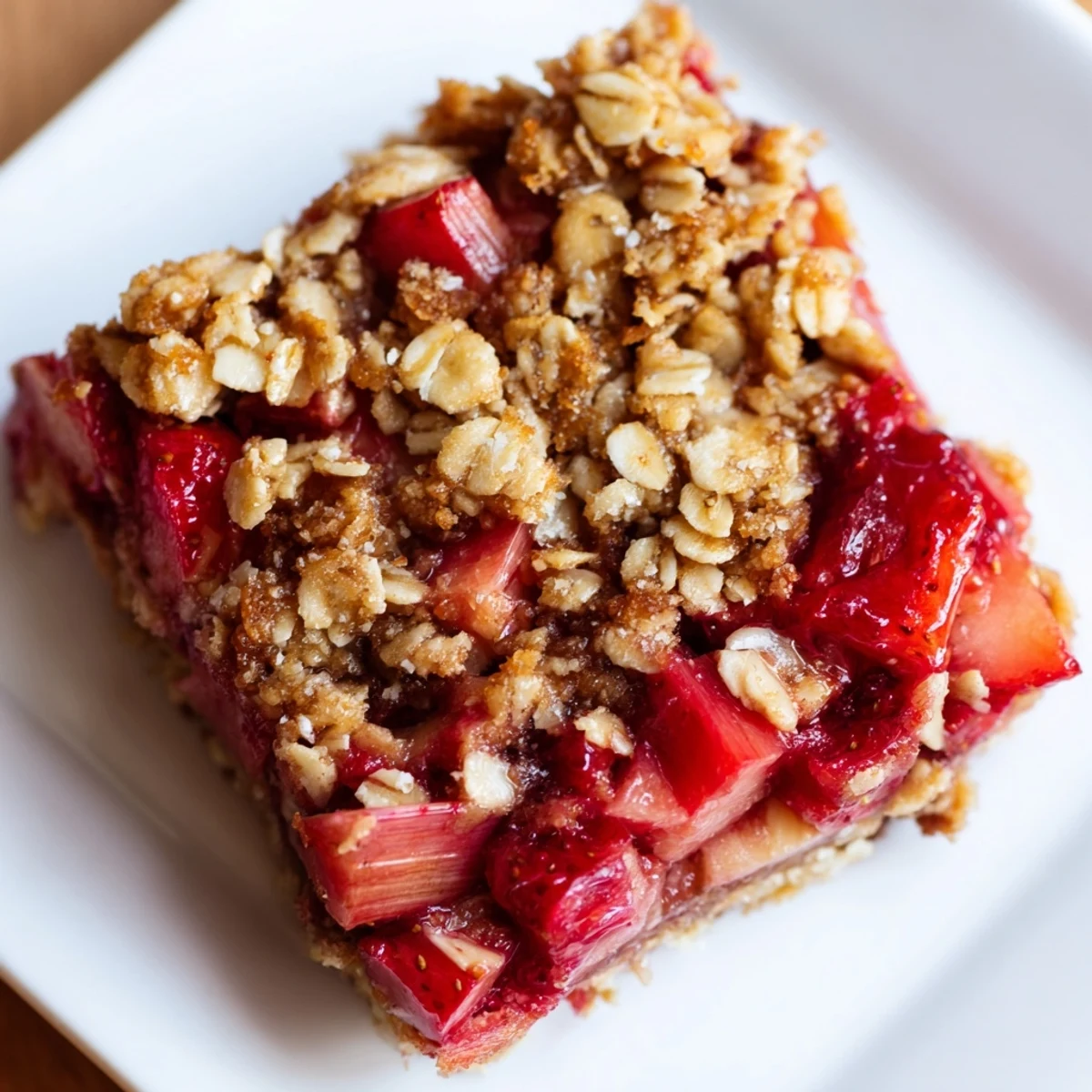 Slice of Strawberry Rhubarb Crumble Bars on a plate, revealing buttery layers and juicy red fruit for a picnic dessert.