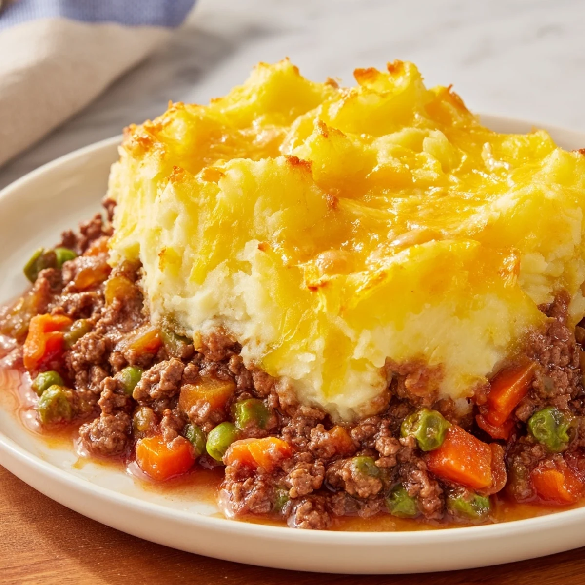 This cozy Beef Shepherds Pie with Cheddar Mash shows creamy mashed potato peaks, peas, and carrots in a rustic baking dish.