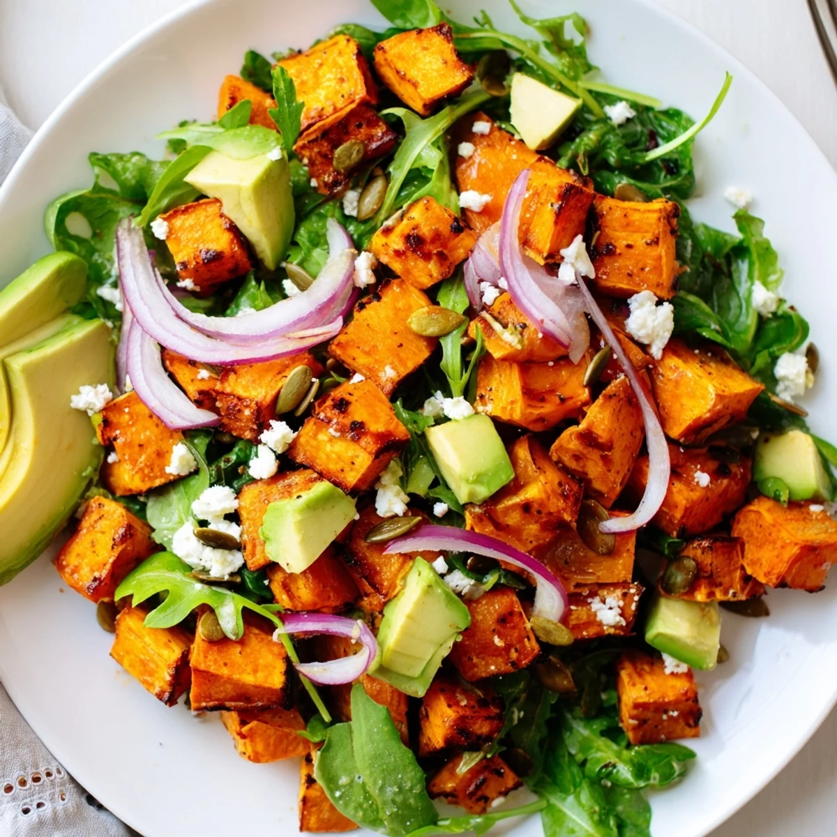 Roasted Sweet Potato Salad with Lime showcases a vibrant mix of tender sweet potatoes, crisp greens, and feta crumbles on a rustic wooden table.