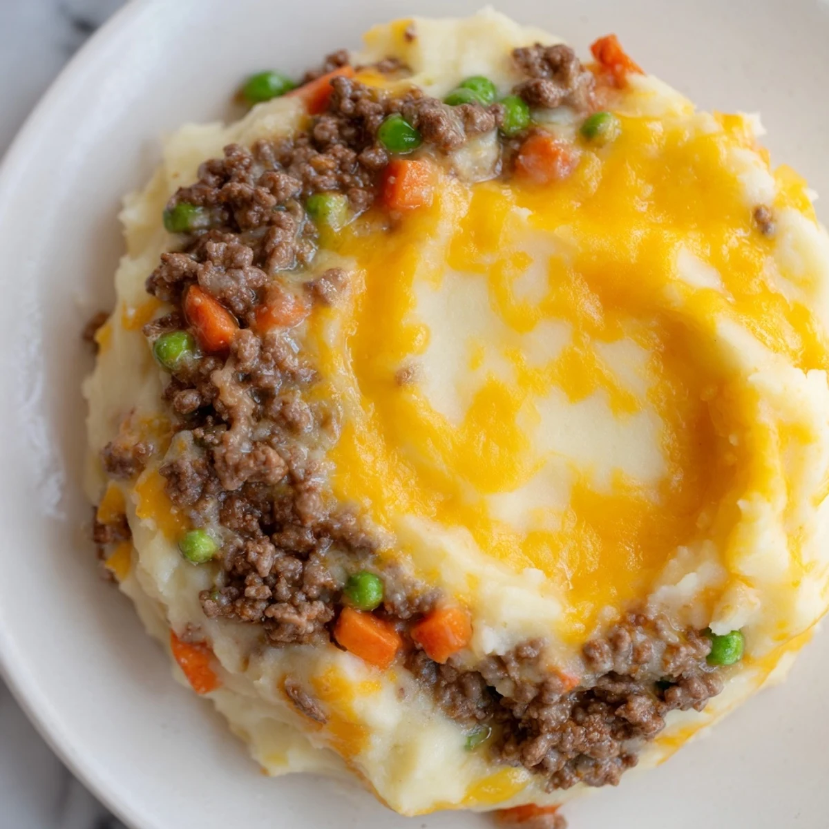 Close-up of golden, bubbly Beef Shepherds Pie with Cheddar Mash fresh from the oven.