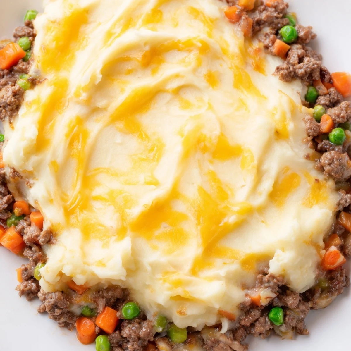 Serving suggestion of Beef Shepherds Pie with Cheddar Mash in a white baking dish.