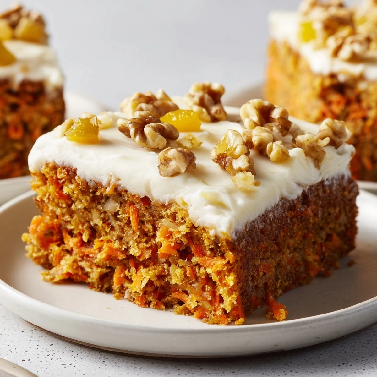 Freshly frosted Easter Carrot Cake with Walnuts and Pineapple, showing creamy white icing and chopped nuts on top.