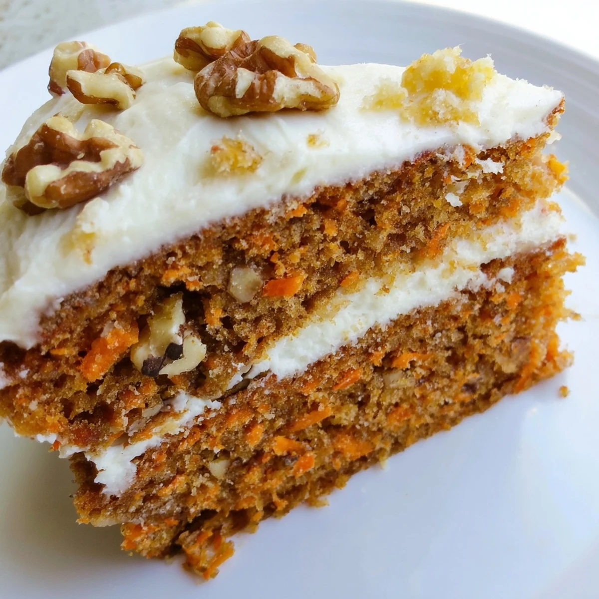 Slice of spiced Easter Carrot Cake with Walnuts and Pineapple revealing moist crumb with carrots, pineapple, and walnut pieces.