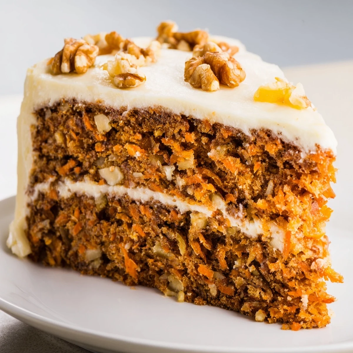 Festive Easter Carrot Cake with Walnuts and Pineapple plated beside a cup of tea on a spring pastel tablecloth.