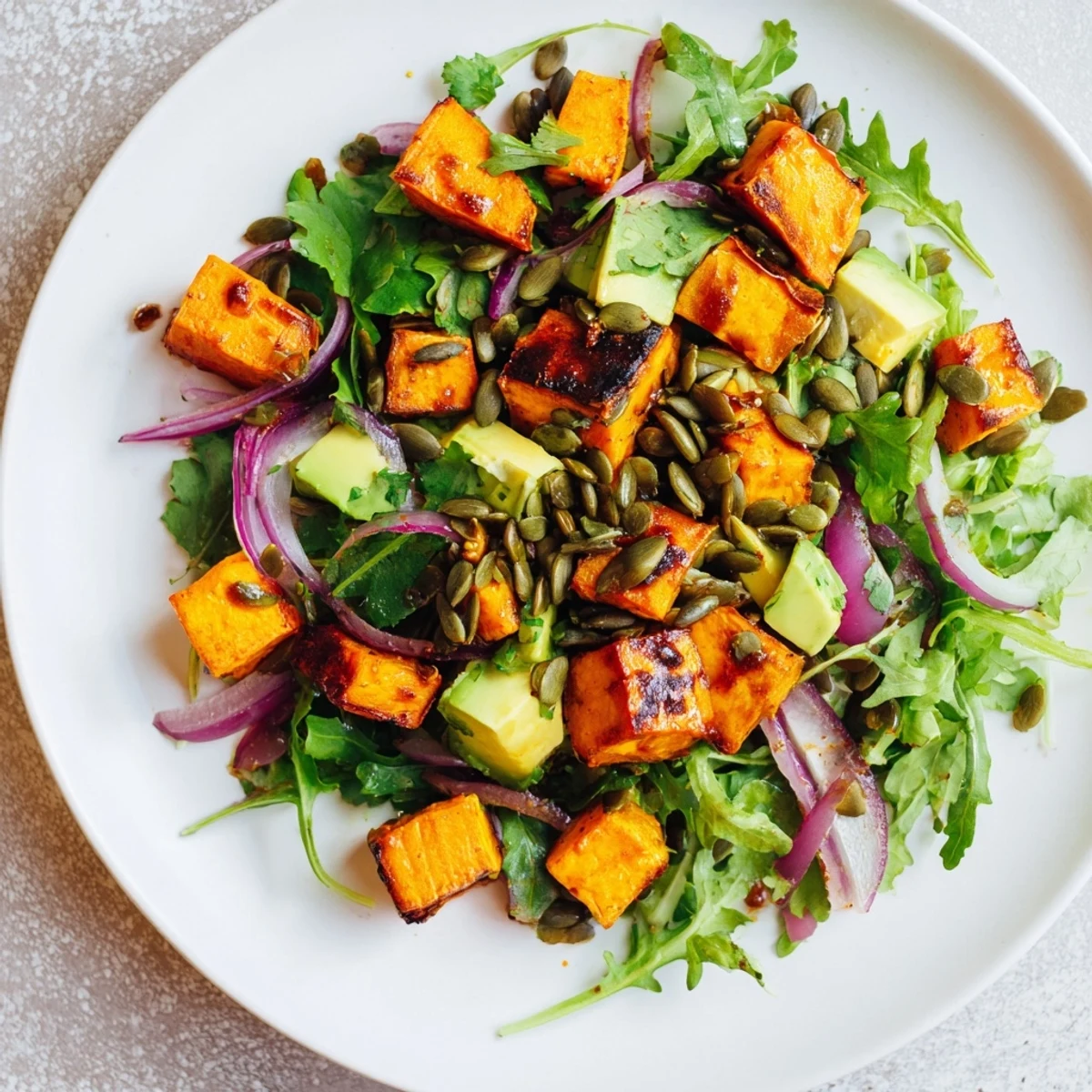Roasted Sweet Potato Salad with Lime Dressing served on a plate with sliced avocado, pumpkin seeds, and a bright lime wedge.