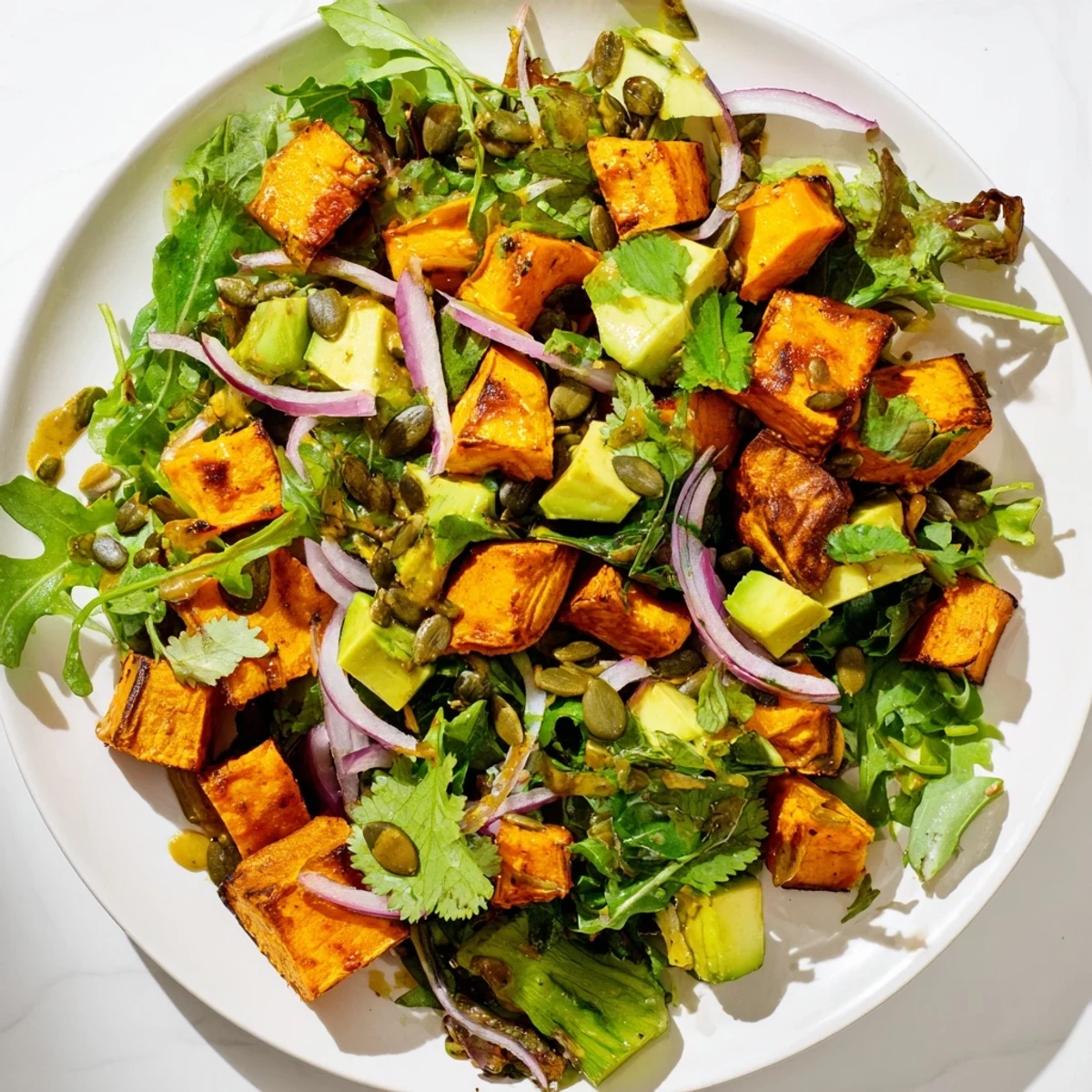 A bowl of Roasted Sweet Potato Salad with Lime Dressing shows tender spiced sweet potatoes tossed with arugula and cilantro.