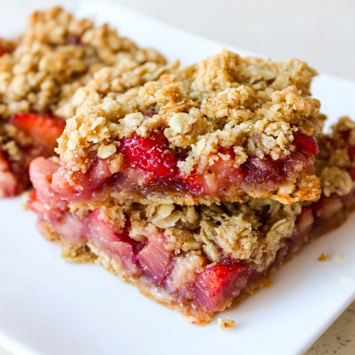 Sliced strawberry rhubarb crumble bars show gooey filling and buttery crumble on a white plate.