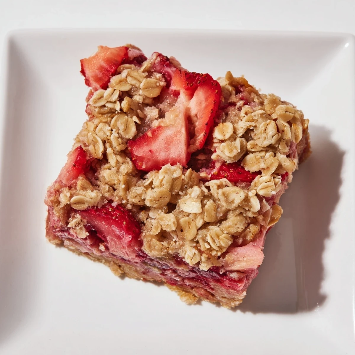 Fresh strawberry rhubarb crumble bars with a golden oat topping on a rustic wooden board.