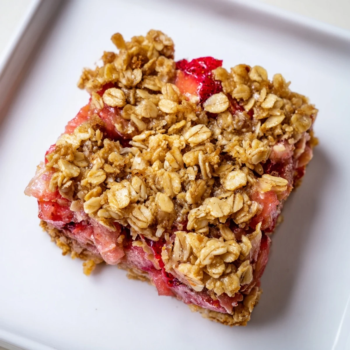 A close-up of warm strawberry rhubarb crumble bars ready to serve with a scoop of ice cream.