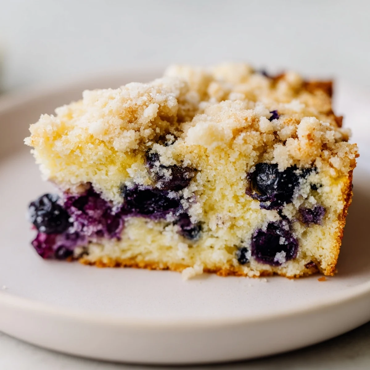 Golden, crumbly topping rests on a slice of Lemon Blueberry Coffee Cake with Crumble, revealing juicy blueberries inside.