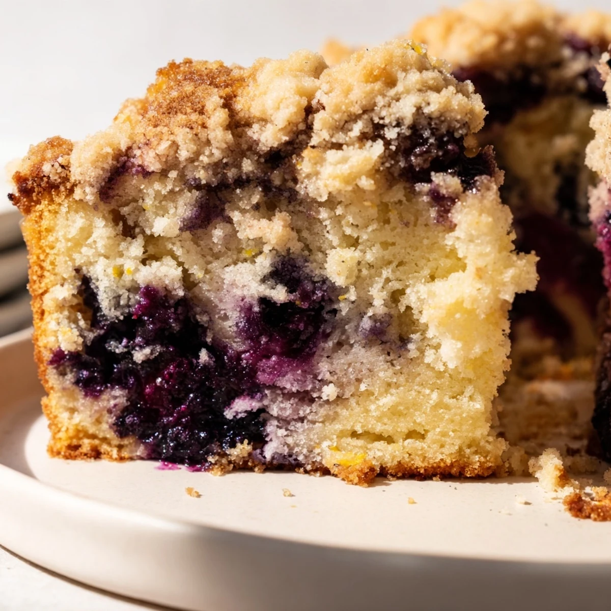 A close-up view shows a slice of Lemon Blueberry Coffee Cake with Crumble on a white plate with lemon wedges.