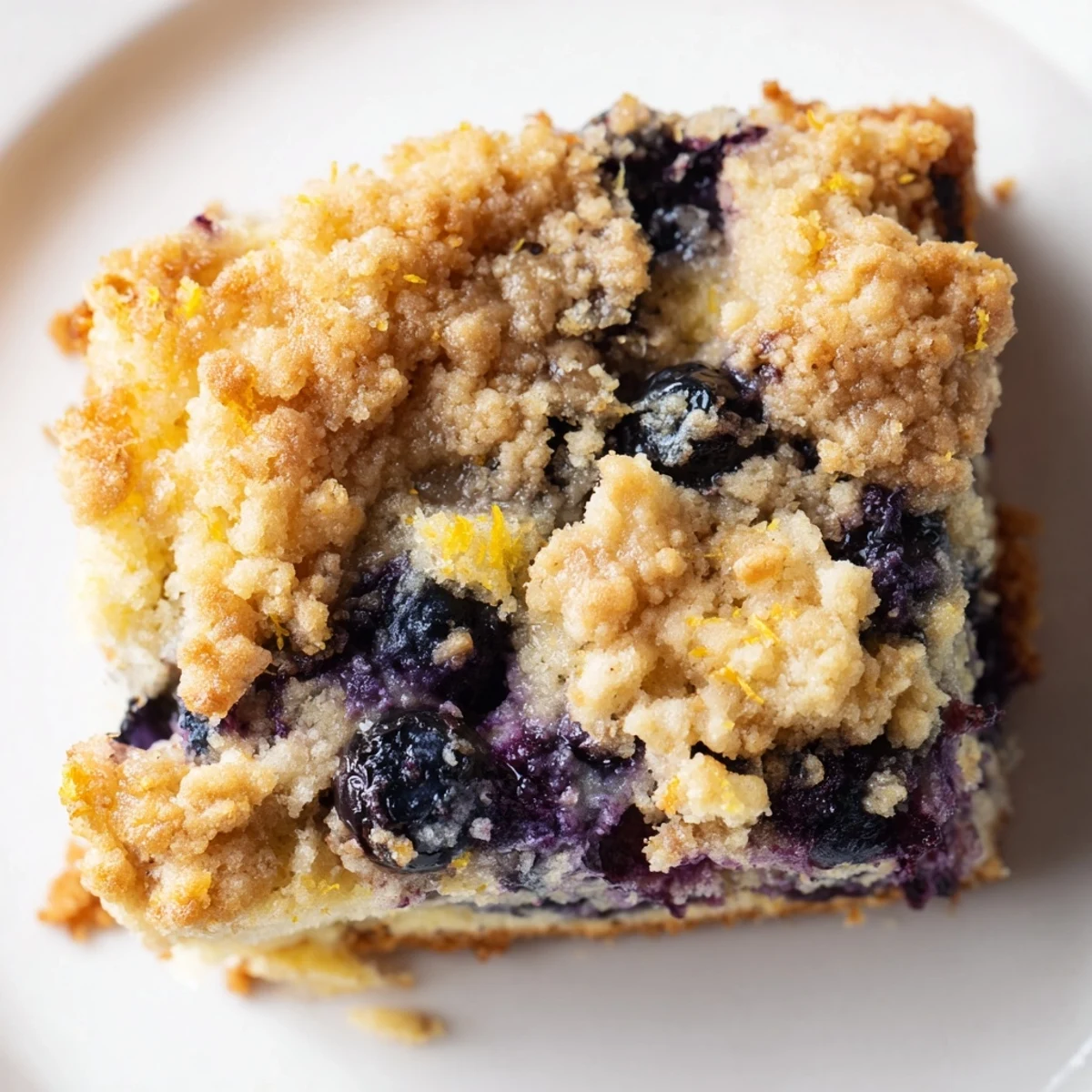 Close-up of a slice of Lemon Blueberry Coffee Cake with Crumble, showing moist cake crumb and juicy berries topped with buttery lemon crumble.