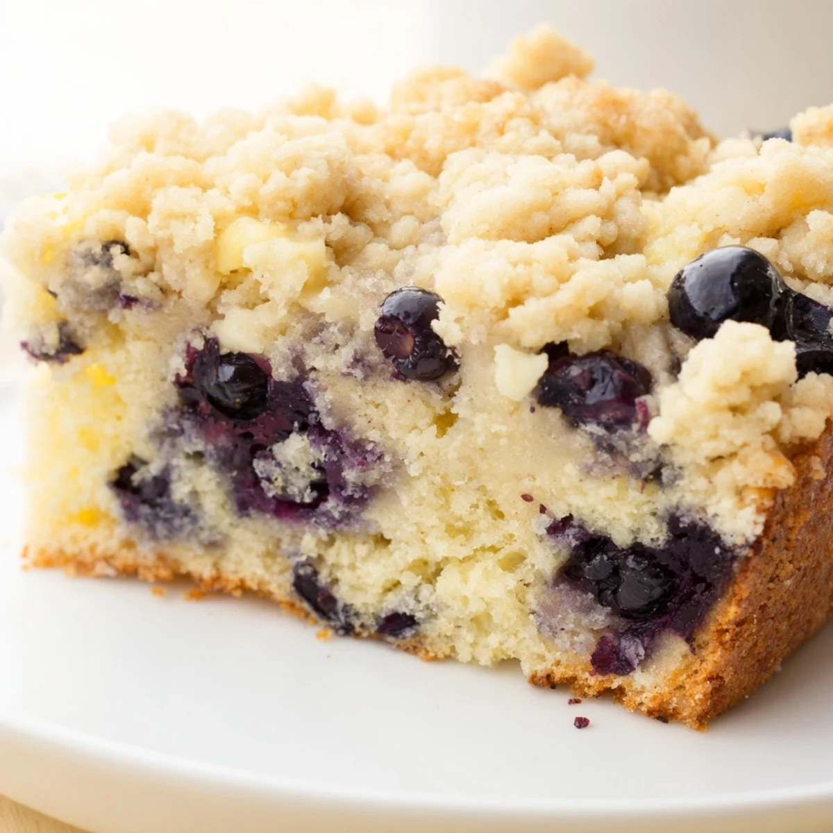 Freshly baked Lemon Blueberry Coffee Cake with Crumble on a rustic plate, drizzled with lemon glaze and served with a steaming cup of coffee.