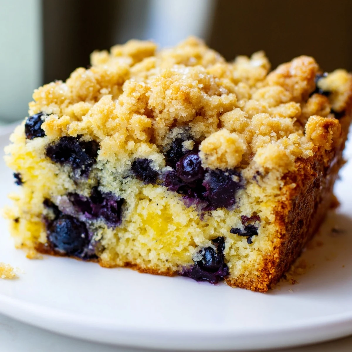 Warm Lemon Blueberry Coffee Cake with Crumble in a springform pan, golden crumble topping studded with blueberries and hints of lemon zest.