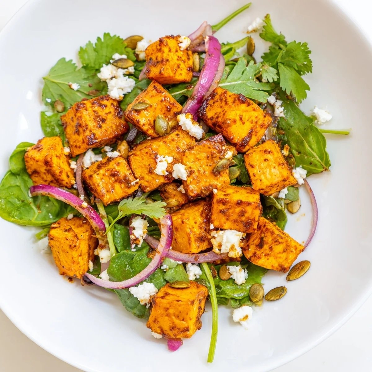 Roasted Sweet Potato Salad with Lime Dressing served on a bed of fresh greens topped with toasted pumpkin seeds.  