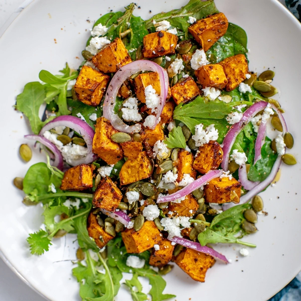 Roasted Sweet Potato Salad with Lime Dressing plated with tangy dressing drizzled over vibrant vegetables and seeds.