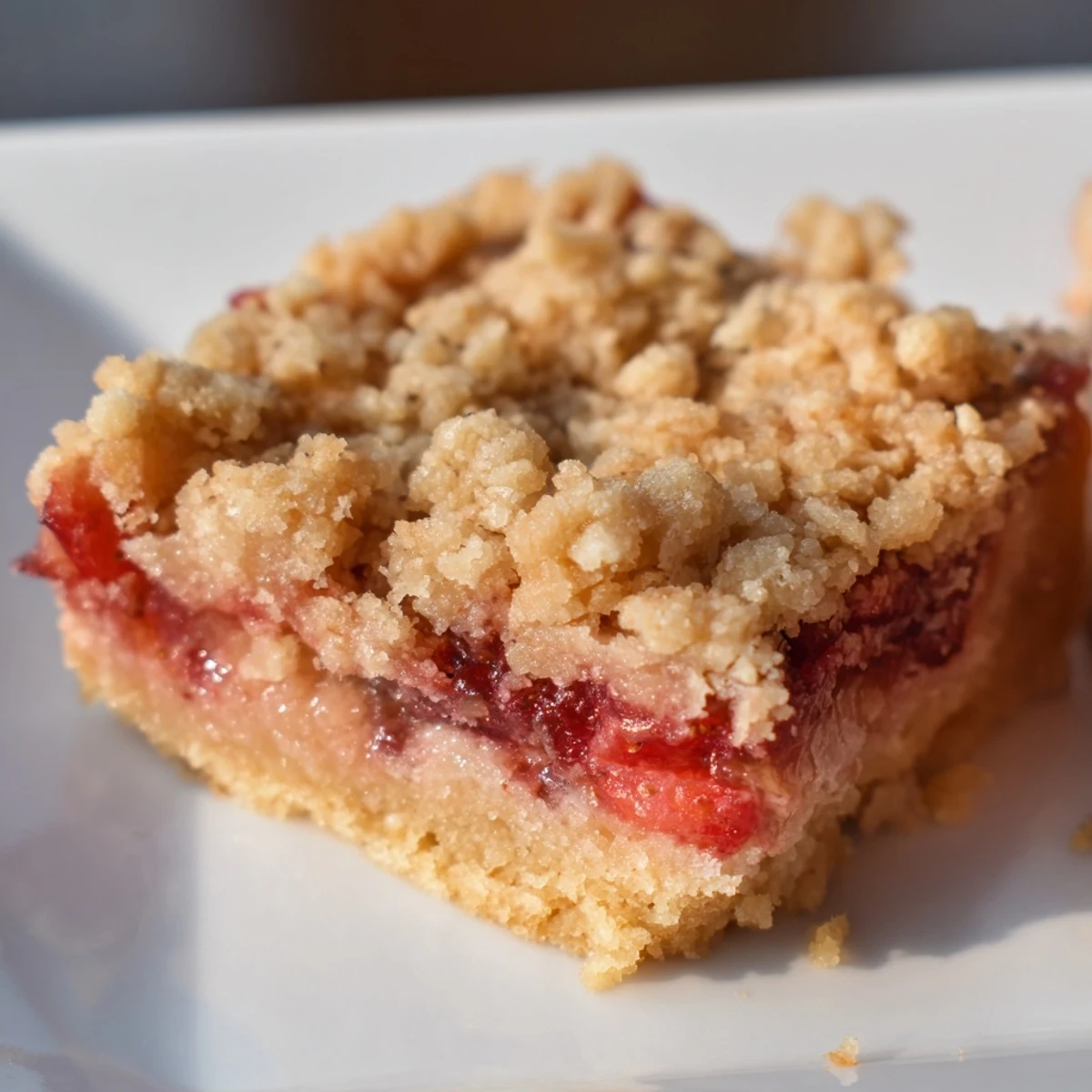 Golden baked Strawberry Rhubarb Crumble Bars with a crumbly oat topping, served on a rustic plate.