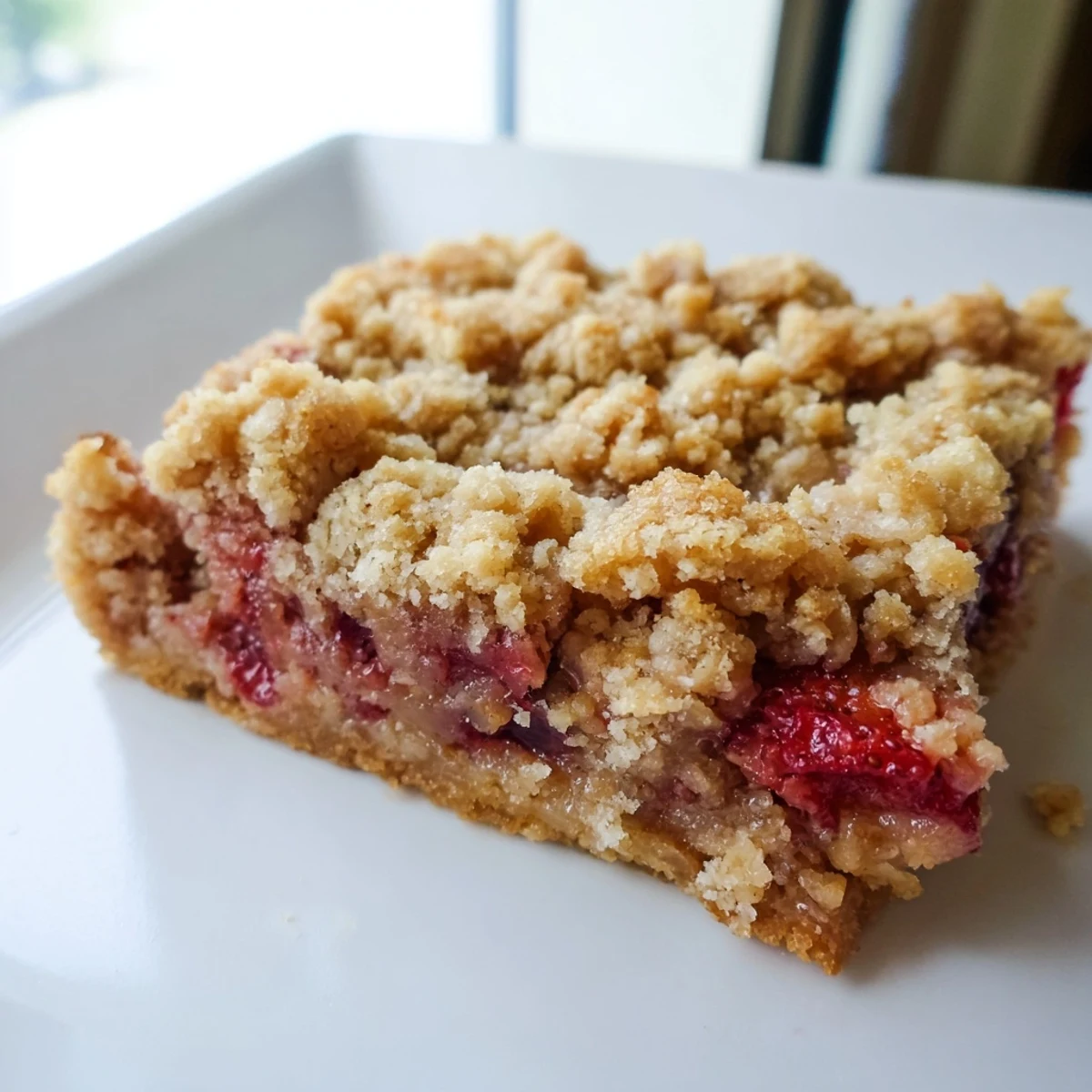 Fresh strawberries and tangy rhubarb filling peek from the edges of this easy homemade bar.